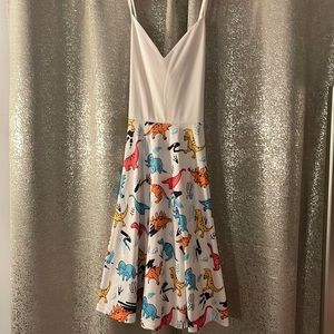 White tank top dress with multicolored dinosaurs